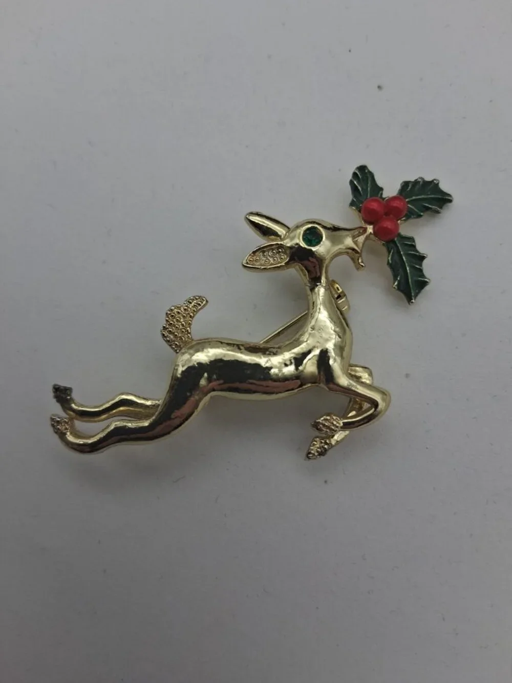 Vtg Reindeer Holly Brooch Pin Enamel Goldtone Jumping Rhinestone Christmas Gerry